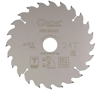 Диск пильный по дереву с тефлоновым покрытием 24Т, CUTOP Profi plus, 185 х 1,3/2,0 х 30/25,4/20/16 мм