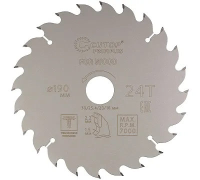 Диск пильный по дереву с тефлоновым покрытием 24Т, CUTOP Profi plus, 190 х 1,5/2,2 х 30/25,4/20/16 мм
