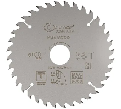 Диск пильный по дереву с тефлоновым покрытием 36Т, CUTOP Profi plus, 160 х 1,3/2,0 х 30/25,4/20/16 мм