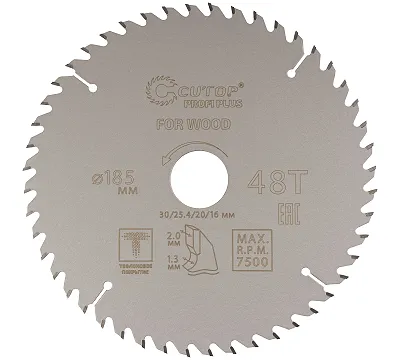 Диск пильный по дереву с тефлоновым покрытием 48Т, CUTOP Profi plus, 185 х 1,3/2,0 х 30/25,4/20/16 мм