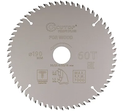 Диск пильный по дереву с тефлоновым покрытием 60Т, CUTOP Profi plus, 190 х 1,5/2,2 х 30/25,4/20/16 мм