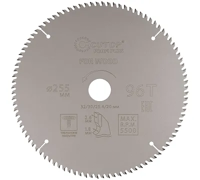 Диск пильный по дереву с тефлоновым покрытием 96Т, CUTOP Profi plus, 255 х 1,8/2,6 х 32/30/25,4/20 мм