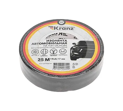 Изолента черная ПЭТ, 19 мм х 25 м, автомобильная KRANZ KR-09-2916
