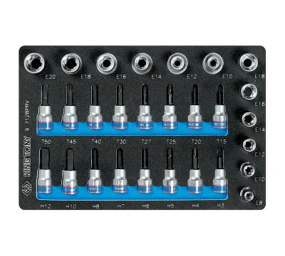KING TONY Набор торцевых насадок и головок 1/2"&3/8", TORX, HEX, Е6-Е20, ложемент, 28 предметов 9-71