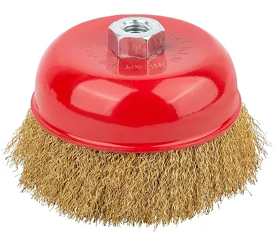 Корщетка чашечная гайка М14, стальная латунированная волнистая проволока 125 мм КУРС