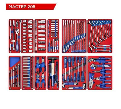 МАСТАК Набор инструментов "МАСТЕР" для тележки, 11 ложементов, 205 предметов 5-00205