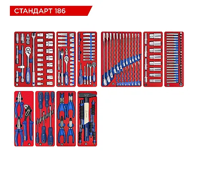 МАСТАК Набор инструментов "СТАНДАРТ" для тележки, 10 ложементов, 186 предметов 5-00186