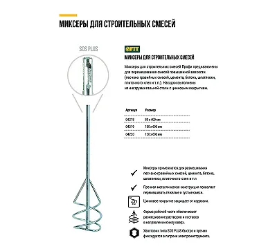 Миксер для строительных смесей оцинкованный Профи, хвостовик SDS-PLUS 120х600 мм FIT