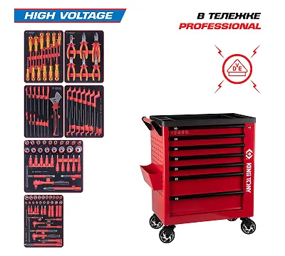 Набор инструментов 117 предметов, "HIGH VOLTAGE", в красной тележке KING TONY 9G38-117MRVER