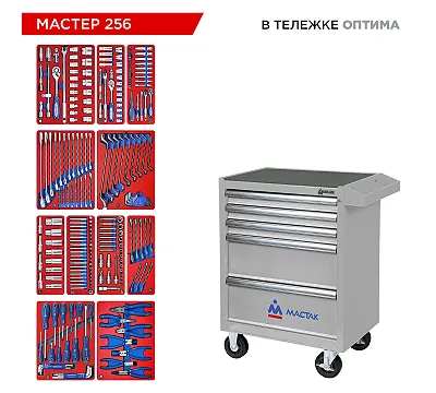 Набор инструментов 256 предметов, "МАСТЕР 256", в серой тележке МАСТАК 52-05256G