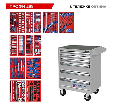 Набор инструментов 288 предметов, "ПРОФИ 288", в серой тележке МАСТАК 52-06288G