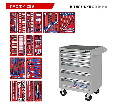 Набор инструментов 299 предметов, "ПРОФИ 299", в серой тележке МАСТАК 52-06299G