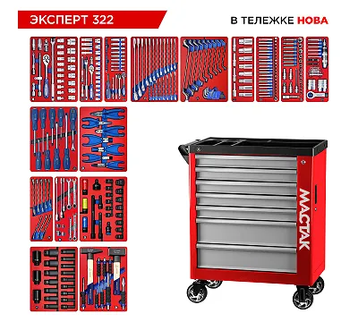 Набор инструментов 323 предмета, "ЭКСПЕРТ 322", в красной тележке МАСТАК 50-07322R