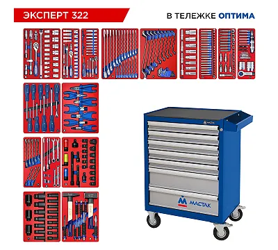 Набор инструментов 323 предмета, "ЭКСПЕРТ 322", в синей тележке МАСТАК 52-07322B