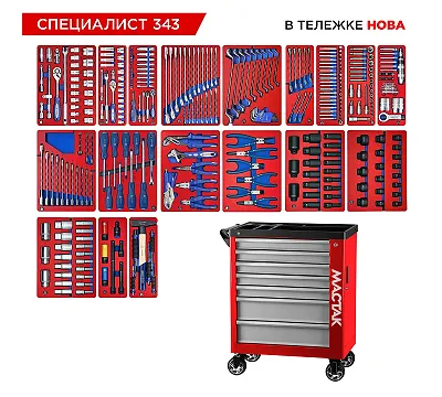 Набор инструментов 343 предмета, "СПЕЦИАЛИСТ 343", в красной тележке МАСТАК 50-07343R