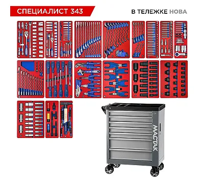 Набор инструментов 343 предмета, "СПЕЦИАЛИСТ 343", в серой тележке МАСТАК 50-07343G