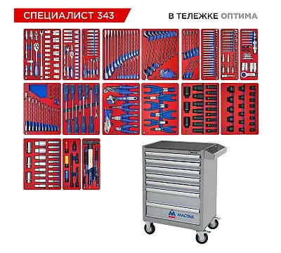 Набор инструментов 343 предмета, "СПЕЦИАЛИСТ 343", в серой тележке МАСТАК 52-07343G
