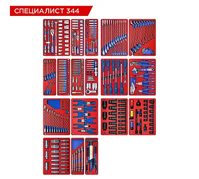 Набор инструментов 344 предмета, "СПЕЦИАЛИСТ 344", для тележки, 18 ложементов МАСТАК 5-00344