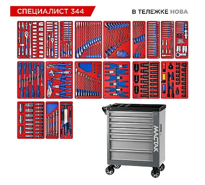 Набор инструментов 344 предмета, "СПЕЦИАЛИСТ 344", в серой тележке МАСТАК 50-07344G