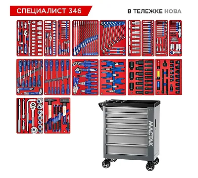Набор инструментов 346 предметов, "СПЕЦИАЛИСТ 346", в серой тележке МАСТАК 50-07346G