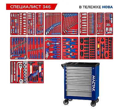 Набор инструментов 346 предметов, "СПЕЦИАЛИСТ 346", в синей тележке МАСТАК 50-07346B