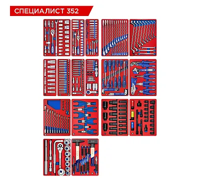 Набор инструментов 352 предмета, "СПЕЦИАЛИСТ 352", для тележки, 17 ложементов МАСТАК 5-00352