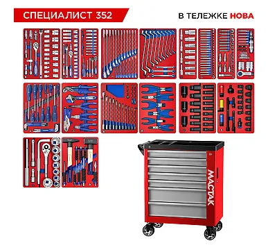 Набор инструментов 352 предмета, "СПЕЦИАЛИСТ 352", в красной тележке МАСТАК 50-07352R