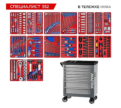 Набор инструментов 352 предмета, "СПЕЦИАЛИСТ 352", в серой тележке МАСТАК 50-07352G