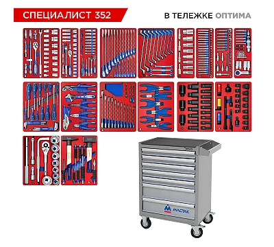 Набор инструментов 352 предмета, "СПЕЦИАЛИСТ 352", в серой тележке МАСТАК 52-07352G