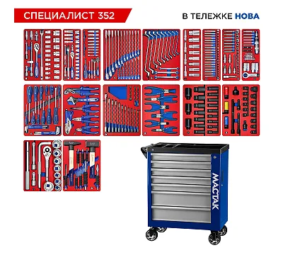 Набор инструментов 352 предмета, "СПЕЦИАЛИСТ 352", в синей тележке МАСТАК 50-07352B