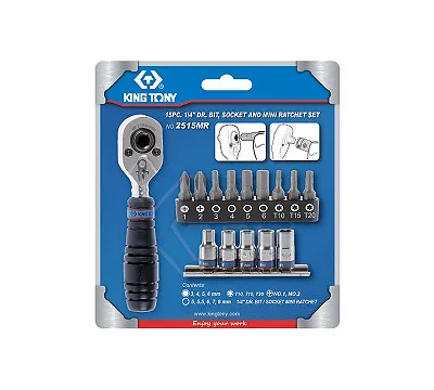 Набор вставок (бит) и головок с трещоткой 1/4", TORX, HEX, PH,15 предметов 2515MR KING TONY