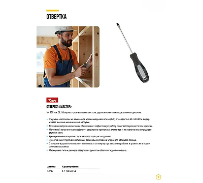 Отвертка "Мастер" CrV сталь, прорезиненная ручка 6х100 мм SL КУРС
