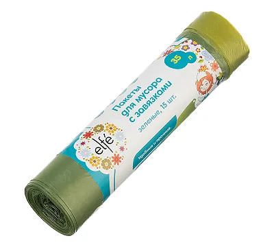 Пакеты для мусора с завязками 35 л х 15 шт, зеленые, Elfe