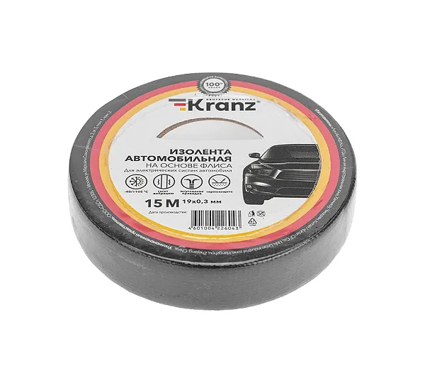 Изолента черная флис, 19 мм х 15 м, автомобильная KRANZ KR-09-2906