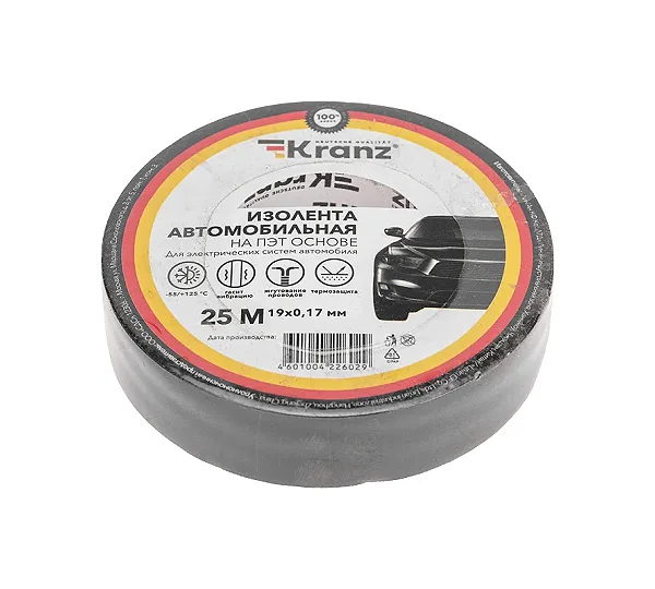 Изолента черная ПЭТ, 19 мм х 25 м, автомобильная KRANZ KR-09-2916