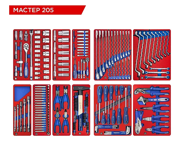 МАСТАК Набор инструментов "МАСТЕР" для тележки, 11 ложементов, 205 предметов 5-00205
