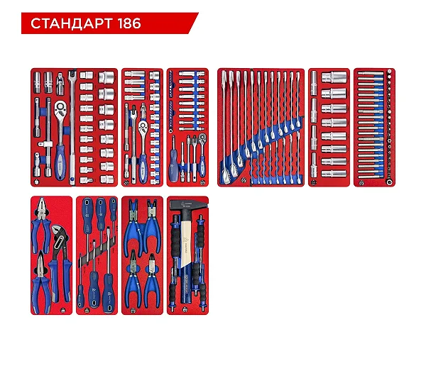 МАСТАК Набор инструментов "СТАНДАРТ" для тележки, 10 ложементов, 186 предметов 5-00186