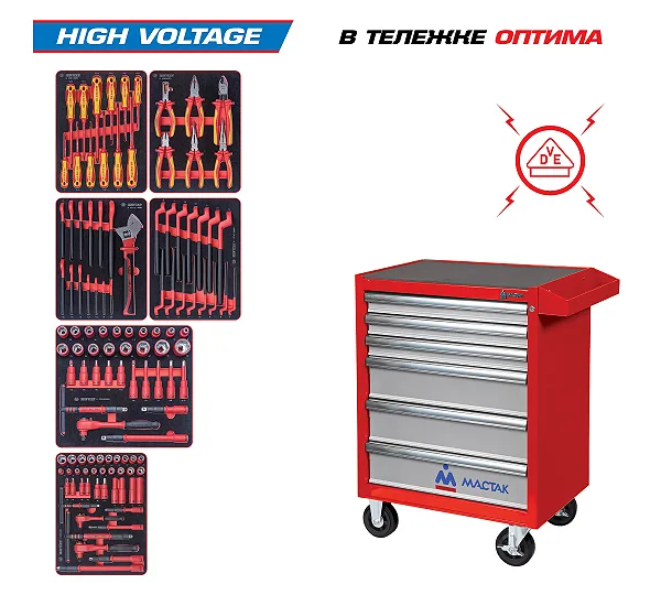 Набор инструментов 117 предметов, "HIGH VOLTAGE", в красной тележке KING TONY 934-117AMRE