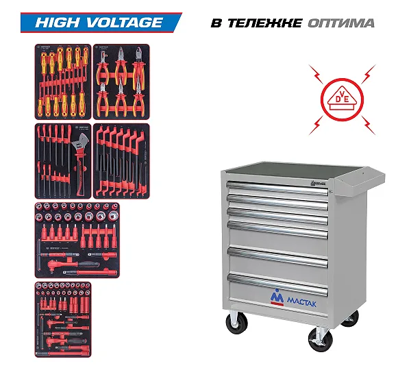 Набор инструментов 117 предметов, "HIGH VOLTAGE", в серой тележке KING TONY 934-117AMGE