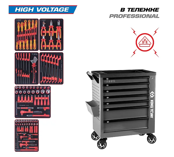 Набор инструментов 117 предметов, "HIGH VOLTAGE", в серой тележке KING TONY 9G38-117MRVEG