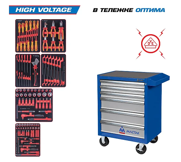 Набор инструментов 117 предметов, "HIGH VOLTAGE", в синей тележке KING TONY 934-117AMBE