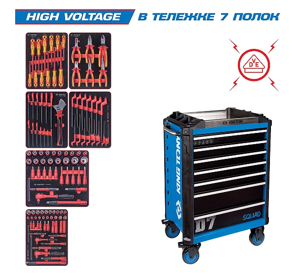 Набор инструментов 117 предметов, "HIGH VOLTAGE", в синей тележке KING TONY 9SQ31-117MRVE