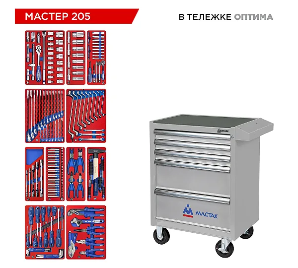 Набор инструментов 205 предметов, "МАСТЕР 205", в серой тележке МАСТАК 52-05205G