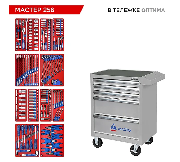 Набор инструментов 256 предметов, "МАСТЕР 256", в серой тележке МАСТАК 52-05256G