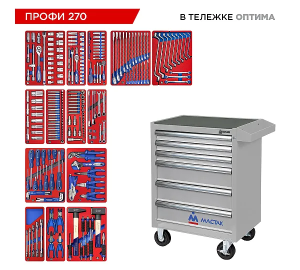 Набор инструментов 270 предметов, "ПРОФИ 270" в серой тележке МАСТАК 52-06270G