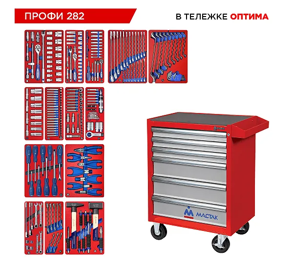 Набор инструментов 282 предмета, "ПРОФИ 282", в красной тележке МАСТАК 52-06282R