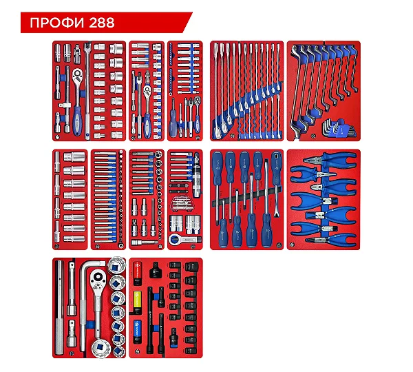 Набор инструментов 288 предметов, "ПРОФИ 288", для тележки, 13 ложементов МАСТАК 5-00288