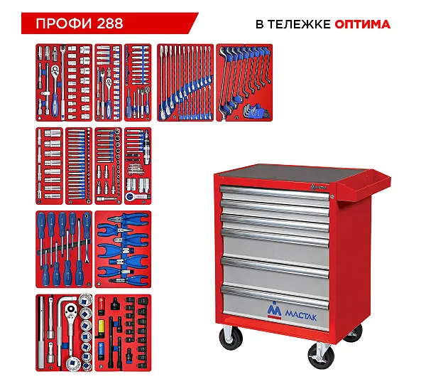 Набор инструментов 288 предметов, "ПРОФИ 288", в красной тележке МАСТАК 52-06288R