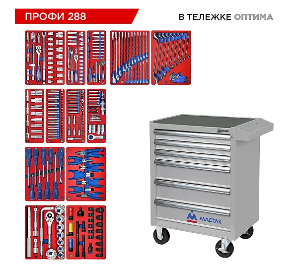 Набор инструментов 288 предметов, "ПРОФИ 288", в серой тележке МАСТАК 52-06288G