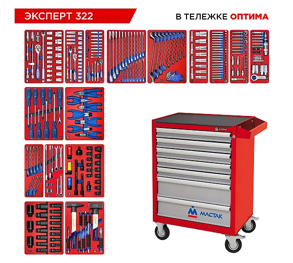 Набор инструментов 323 предмета, "ЭКСПЕРТ 322", в красной тележке МАСТАК 52-07322R